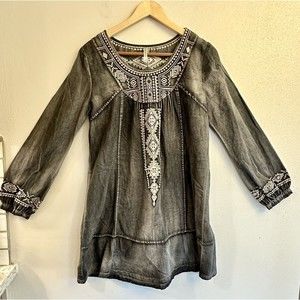 Monoreno Womens Medium Black Chambray Denim‎ Embroidered Lagenlook Dress